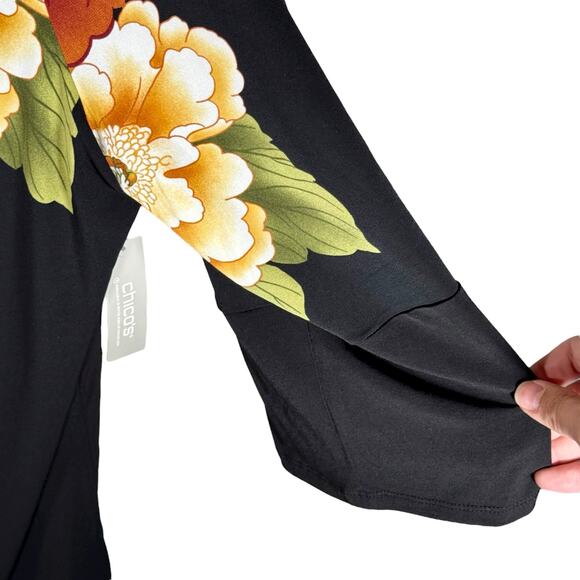 Chico's NWT Women's 3 (XL) Black Asian Eastern Bouquet 3/4 Sleeve Tunic Blouse - Picture 9 of 11